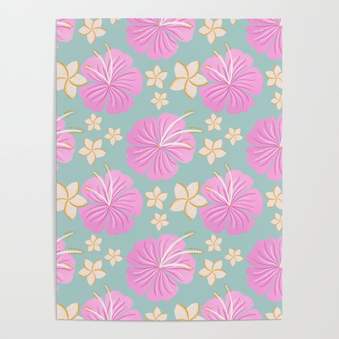 Pink and turquoise hibiscus flowers pattern Poster Gallery Image 4