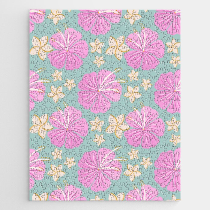 Pink and turquoise hibiscus flowers pattern Jigsaw Puzzle Gallery Image 1