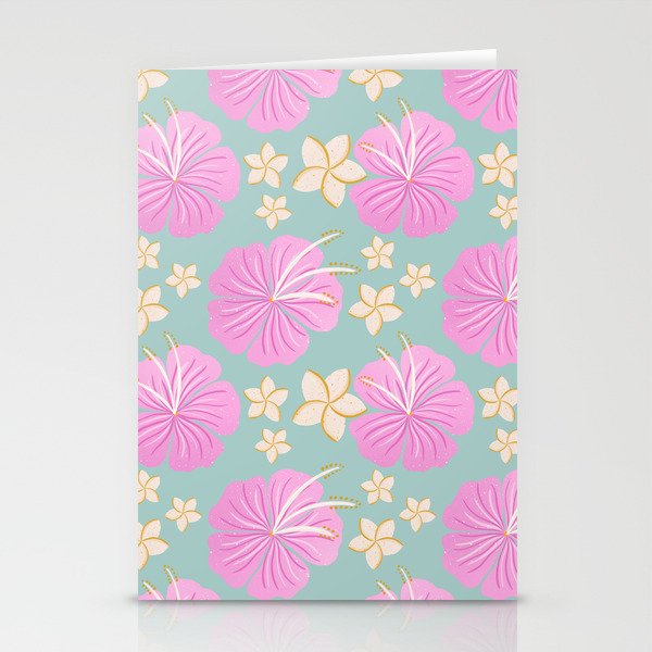 Pink and turquoise hibiscus flowers pattern Stationery Card Gallery Image 1