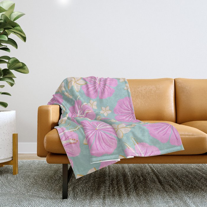 Pink and turquoise hibiscus flowers pattern Throw Blanket Gallery Image 1