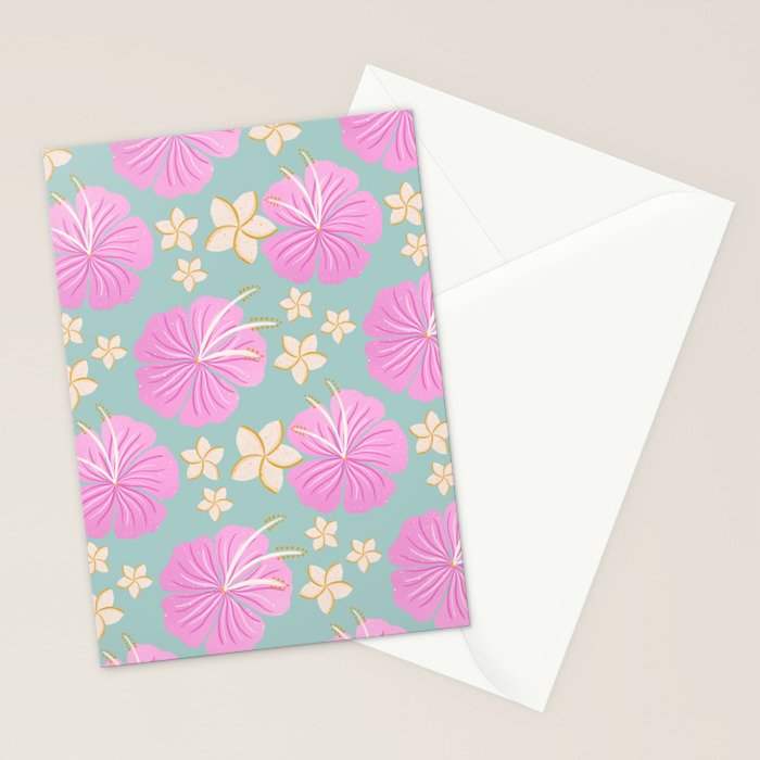 Pink and turquoise hibiscus flowers pattern Stationery Card Gallery Image 2