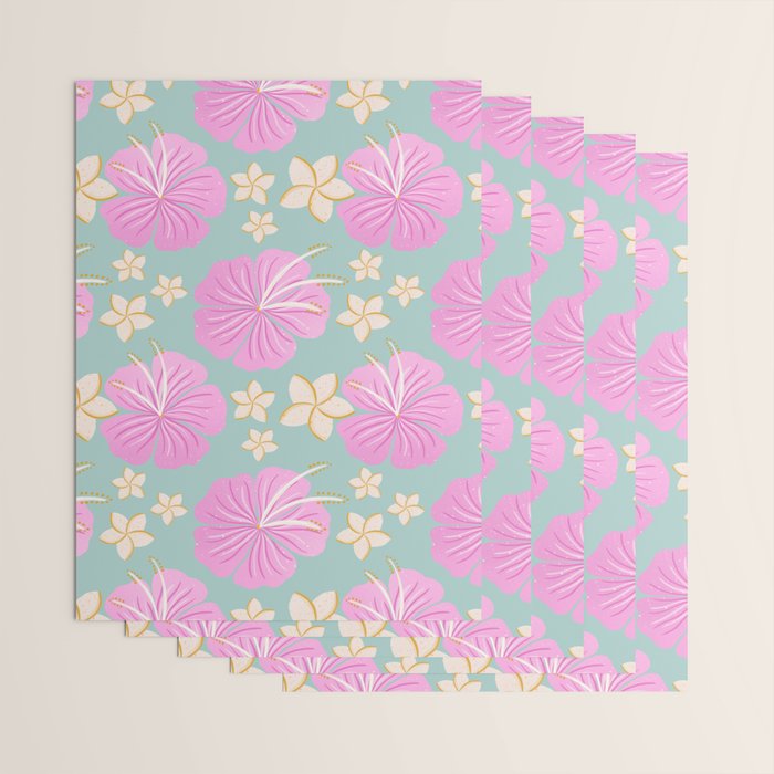 Pink and turquoise hibiscus flowers pattern Wrapping Paper Gallery Image 3