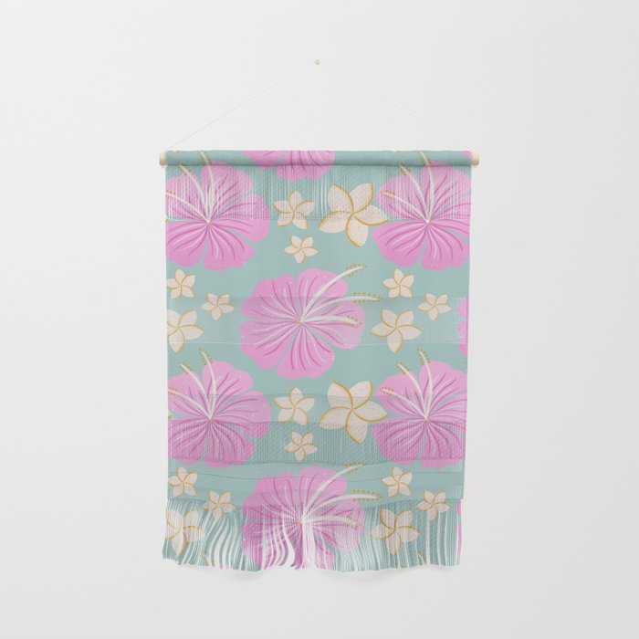 Pink and turquoise hibiscus flowers pattern Wall Hanging Gallery Image 1