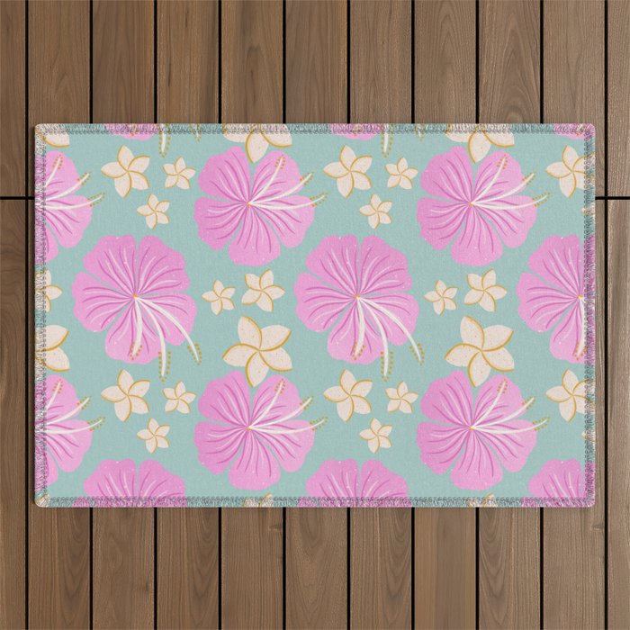 Pink and turquoise hibiscus flowers pattern Outdoor Rug Gallery Image 1