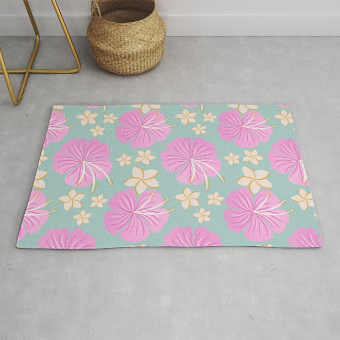Pink and turquoise hibiscus flowers pattern Rug Gallery Image 1