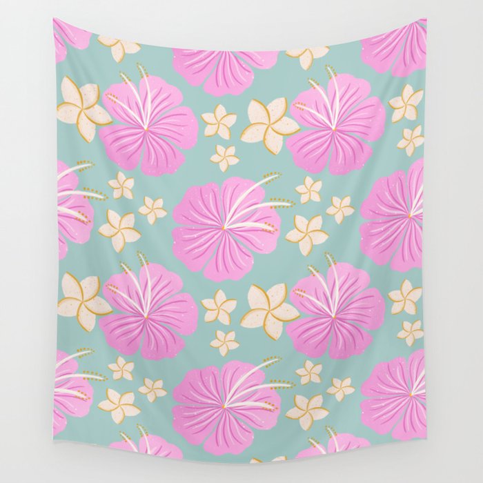 Pink and turquoise hibiscus flowers pattern Wall Tapestry Gallery Image 1