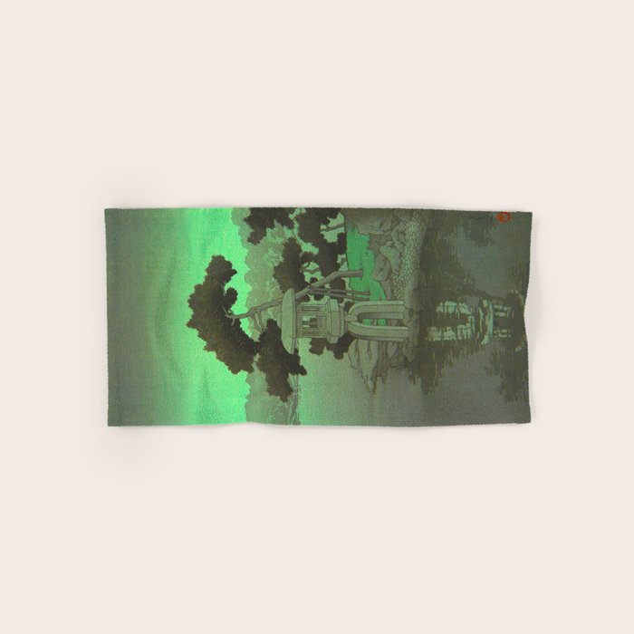 Kawase Hasui Vintage Japanese Woodblock Print Glowing Green Neon Sky Over A Zen Garden Shrine Bath Towel Gallery Image 1
