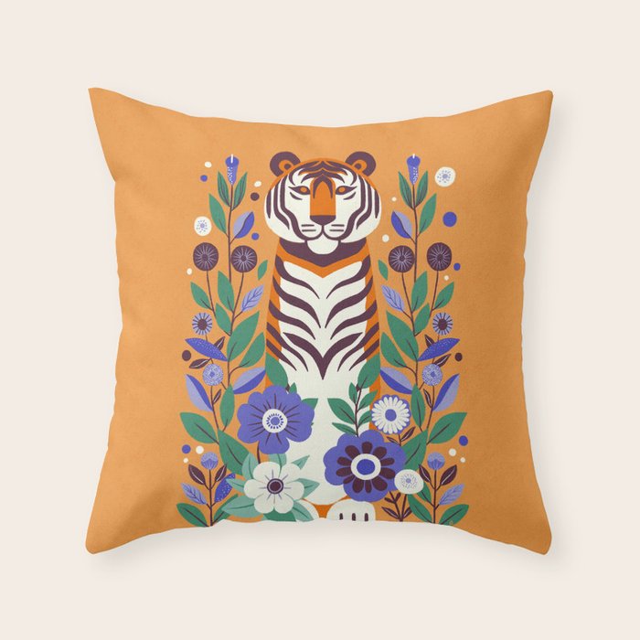 Floral Tiger in a Bold Jungle - Vibrant Botanical Wildlife Art Throw Pillow Gallery Image 6