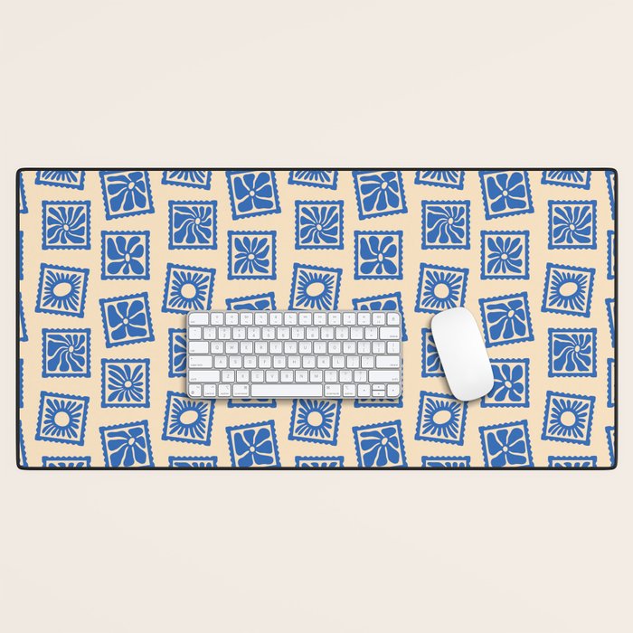 Vintage blue flower postage stamp pattern Desk Mat Gallery Image 1