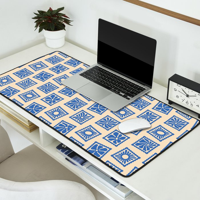 Vintage blue flower postage stamp pattern Desk Mat Gallery Image 2