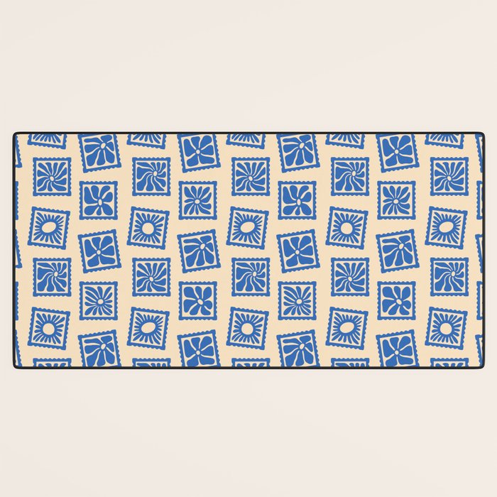 Vintage blue flower postage stamp pattern Desk Mat Gallery Image 3