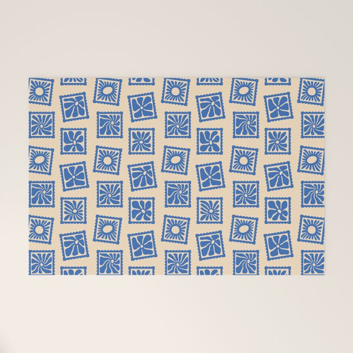 Vintage blue flower postage stamp pattern Welcome Mat Gallery Image 1