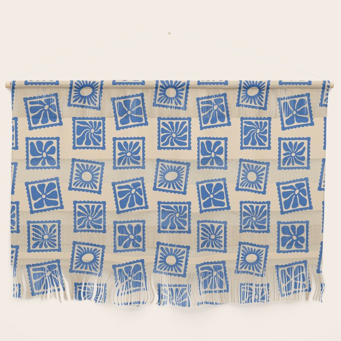 Vintage blue flower postage stamp pattern Wall Hanging Gallery Image 1