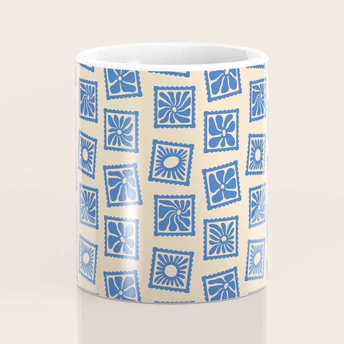 Vintage blue flower postage stamp pattern Coffee Mug Gallery Image 4