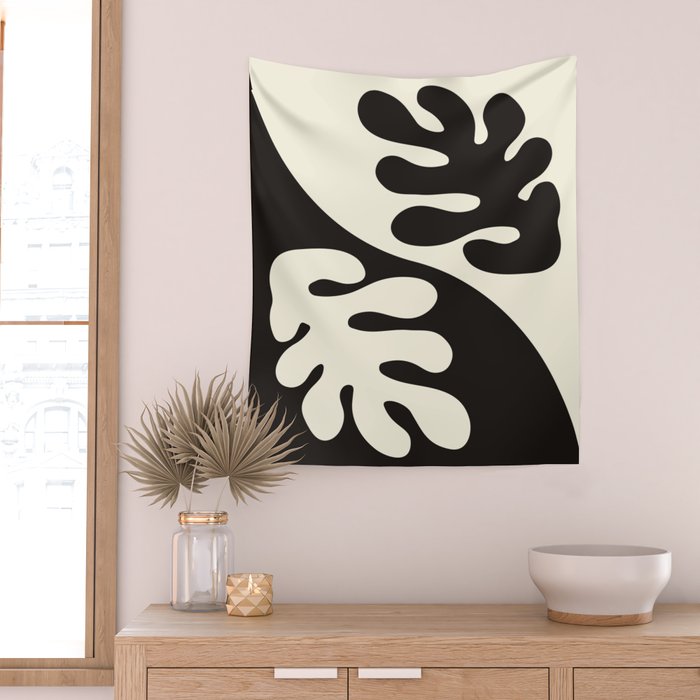 Matisse Inspired Yin Yang Leaf Cutouts in Black & Off White Wall Tapestry Gallery Image 2