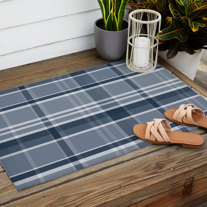 Blue Plaid Pattern, Geometric Art Outdoor Rug Gallery Image 2