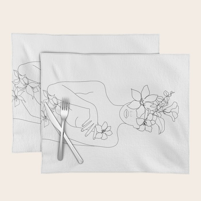 Minimal Line Art Woman with Flowers IV Placemat Gallery Image 1