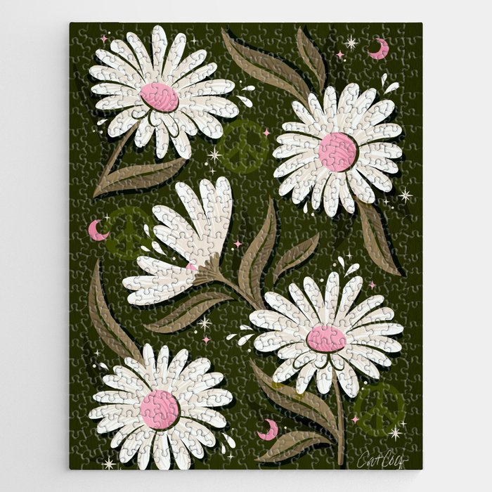 Drippy Daisy Dreamscape - Pink on Olive Jigsaw Puzzle Gallery Image 1