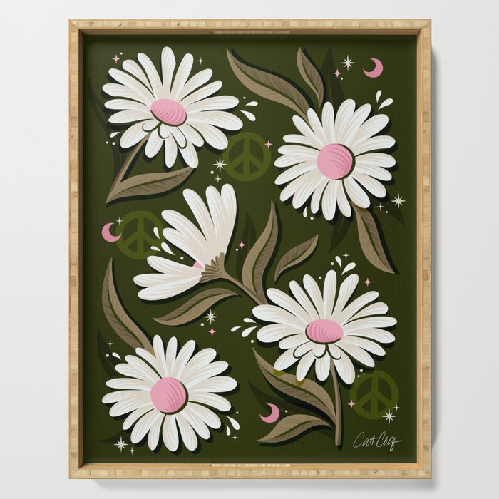 Drippy Daisy Dreamscape - Pink on Olive Serving Tray Gallery Image 1