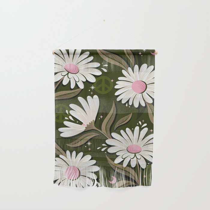 Drippy Daisy Dreamscape - Pink on Olive Wall Hanging Gallery Image 1