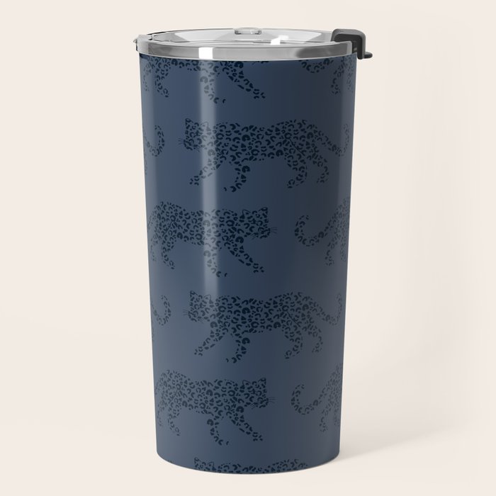 Leopard Parade - Dark Navy on Denim Blue Travel Mug Gallery Image 2