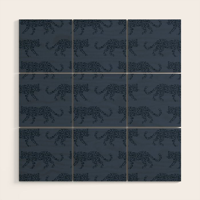 Leopard Parade - Dark Navy on Denim Blue Wood Wall Art