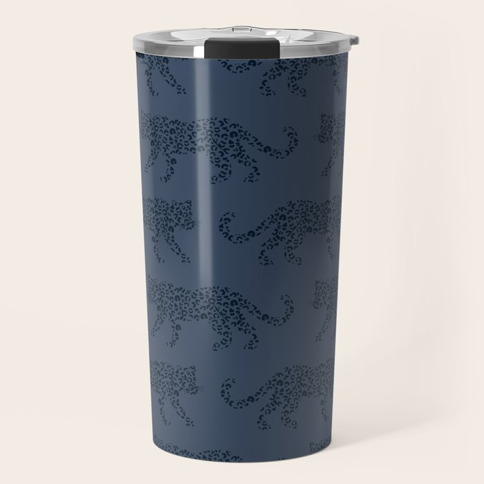 Leopard Parade - Dark Navy on Denim Blue Travel Mug Gallery Image 1
