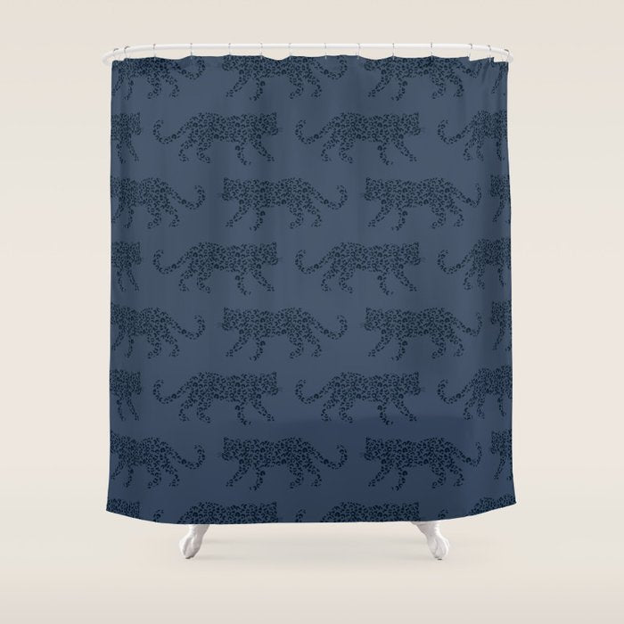 Leopard Parade - Dark Navy on Denim Blue Shower Curtain Gallery Image 1