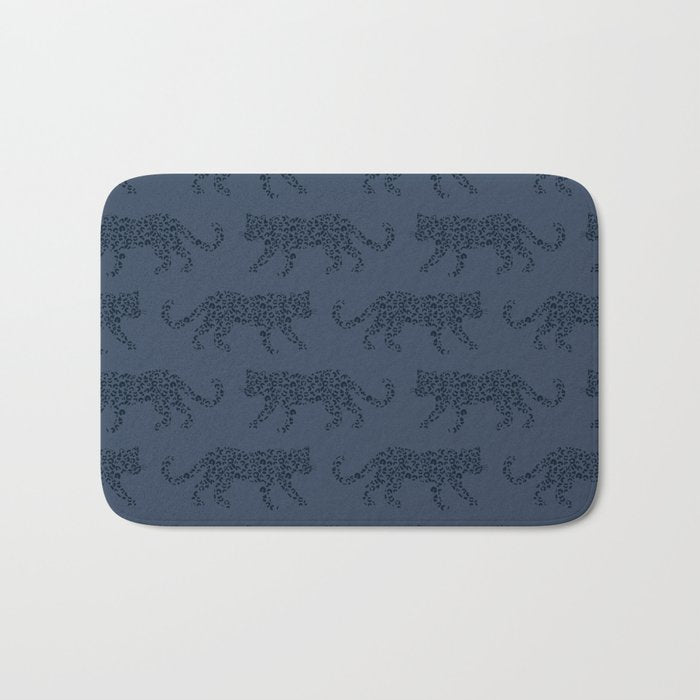 Leopard Parade - Dark Navy on Denim Blue Bath Mat Gallery Image 1