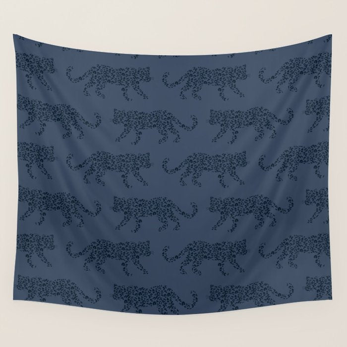 Leopard Parade - Dark Navy on Denim Blue Wall Tapestry