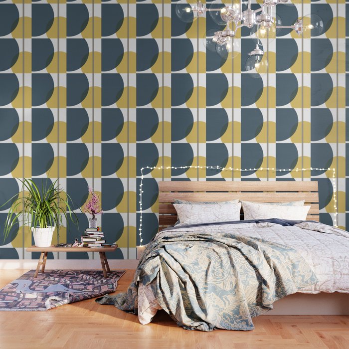 Geometric Abstraction 3 in Mustard, Navy, Gray, and White Wallpaper Gallery Image 1