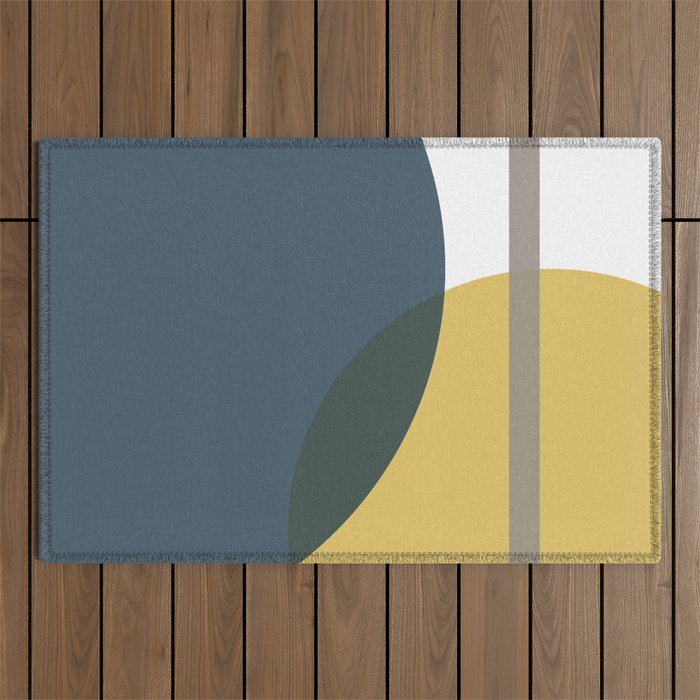Geometric Abstraction 3 in Mustard, Navy, Gray, and White Outdoor Rug
