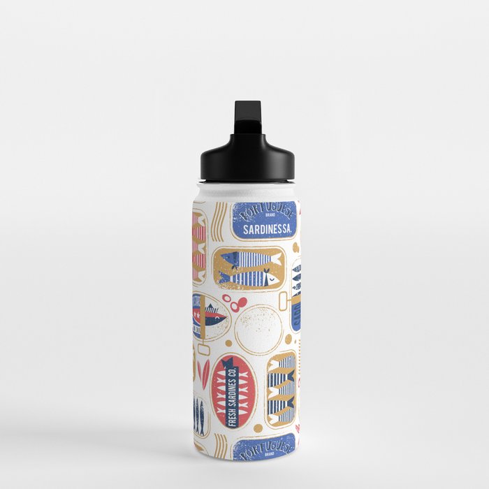 Vintage canned sardines // white background peacock teal and mandy red cans  Water Bottle Gallery Image 3