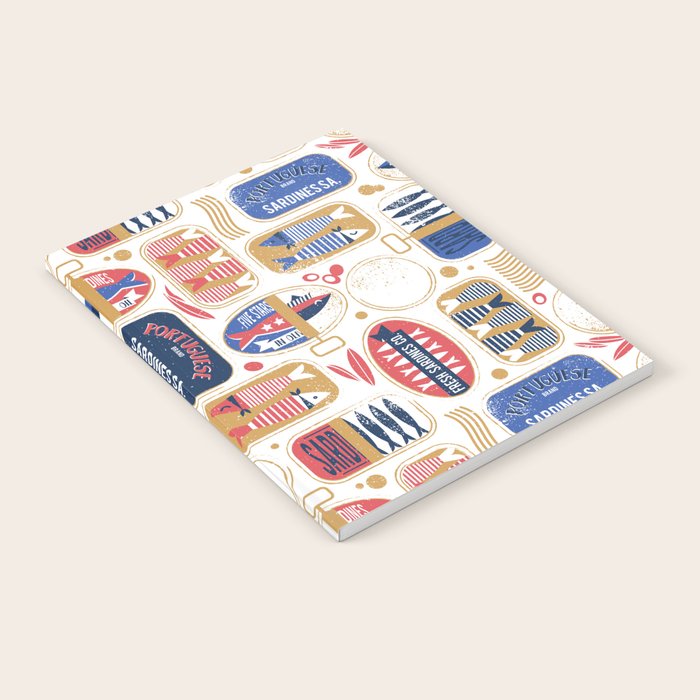 Vintage Canned Sardines // White Background Peacock Teal And Mandy Red Cans Notebook