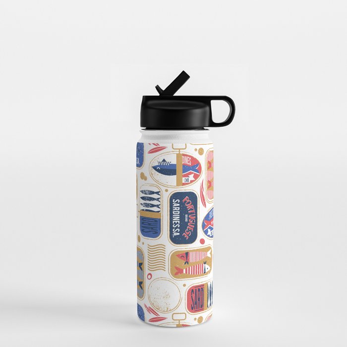 Vintage canned sardines // white background peacock teal and mandy red cans  Water Bottle