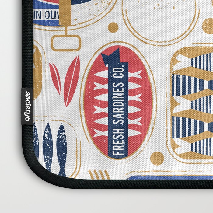 Vintage canned sardines // white background peacock teal and mandy red cans  Laptop Sleeve Gallery Image 3