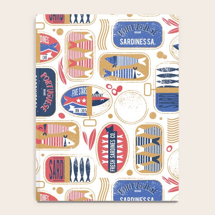 Vintage canned sardines // white background peacock teal and mandy red cans  Notebook Gallery Image 4