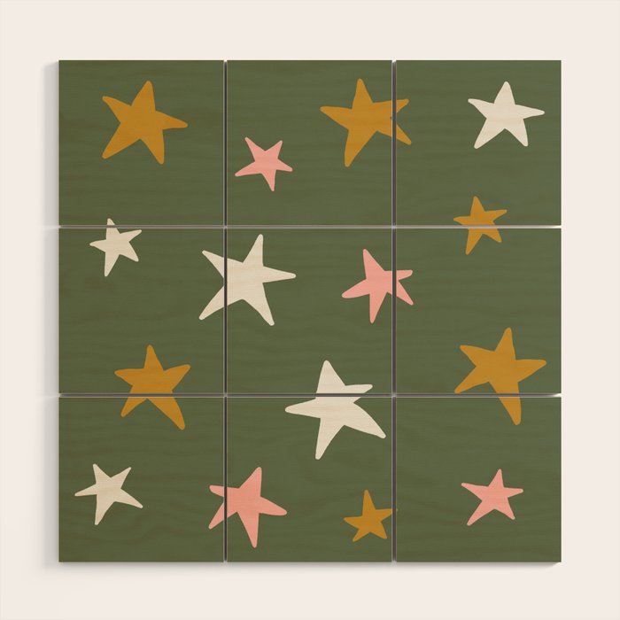 Stars Gold Cream Pink On Muted Green Wood Wall Art Gallery Image 1