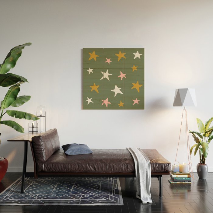 Stars Gold Cream Pink On Muted Green Wood Wall Art Gallery Image 2