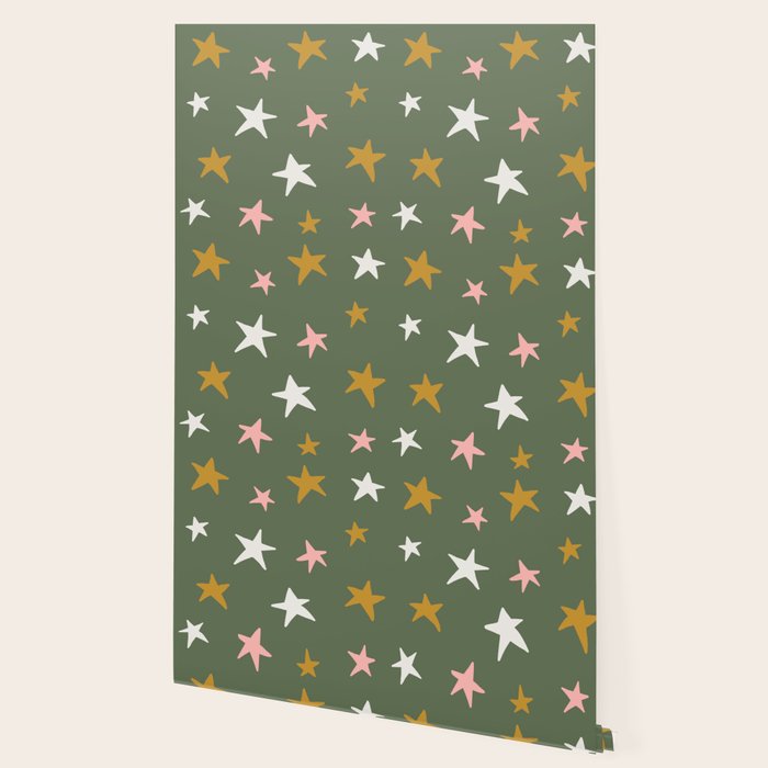Stars Gold Cream Pink On Muted Green Wallpaper Gallery Image 2