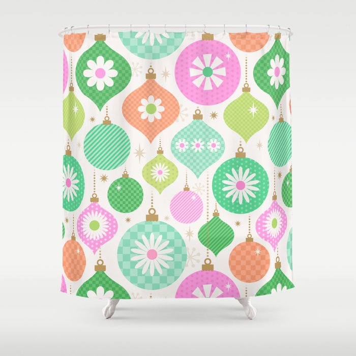 Happy Holidays Retro Ornaments - Pink & Green Shower Curtain Gallery Image 1