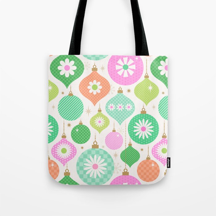 Happy Holidays Retro Ornaments - Pink & Green Tote Bag Gallery Image 1