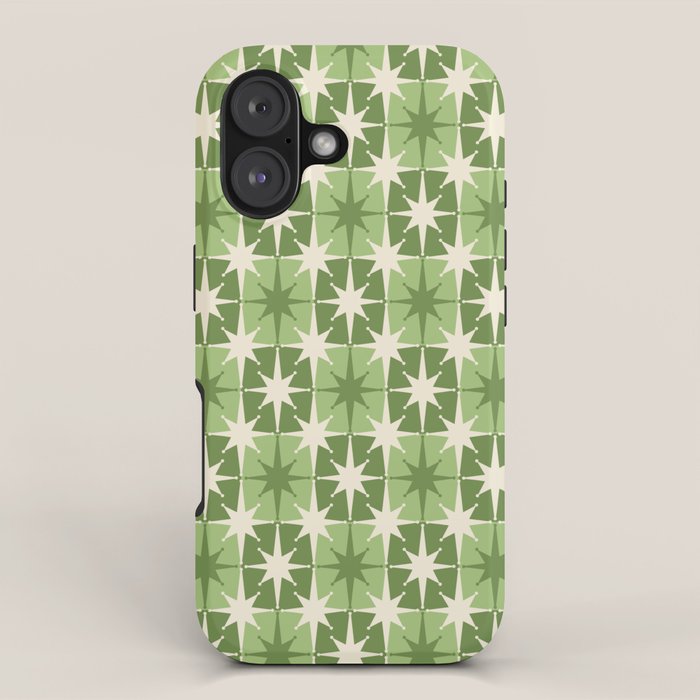 Mid Century Modern Atomic Stars Retro Checkered Starburst Pattern in Sage Olive Green iPhone Case Gallery Image 1