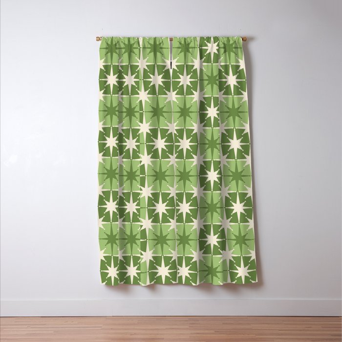 Mid Century Modern Atomic Stars Retro Checkered Starburst Pattern in Sage Olive Green Window Curtain Gallery Image 3