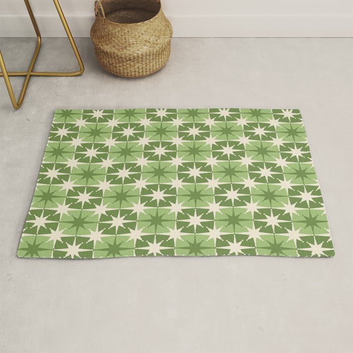 Mid Century Modern Atomic Stars Retro Checkered Starburst Pattern in Sage Olive Green Rug Gallery Image 1