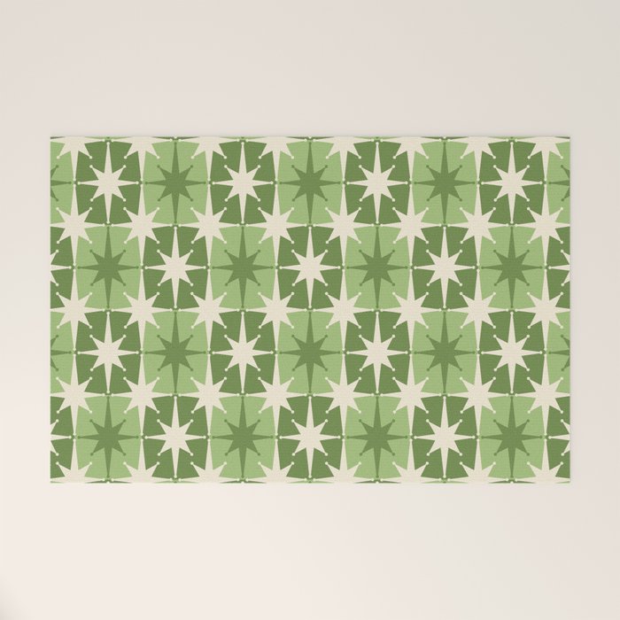 Mid Century Modern Atomic Stars Retro Checkered Starburst Pattern in Sage Olive Green Welcome Mat Gallery Image 1