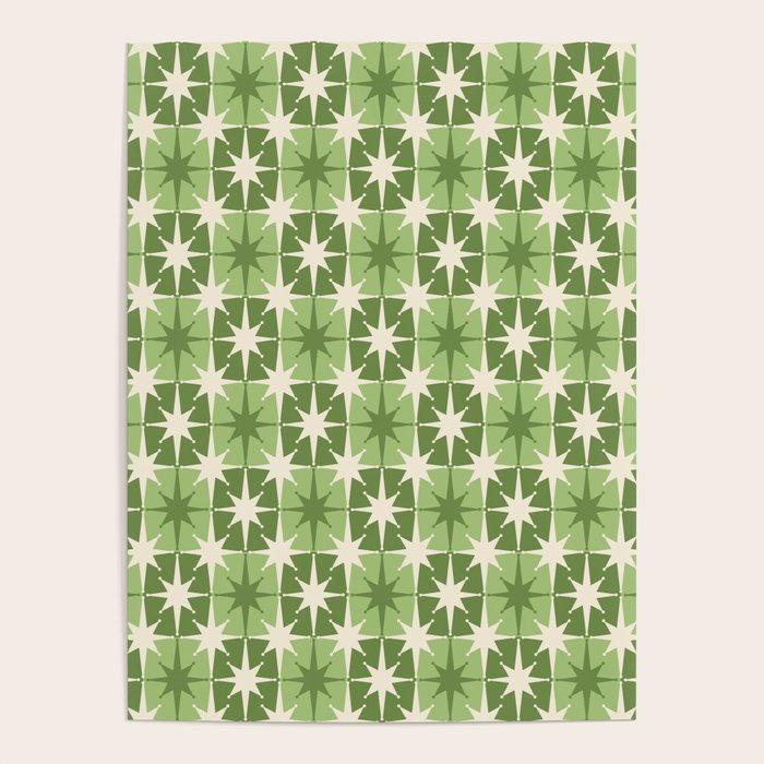 Mid Century Modern Atomic Stars Retro Checkered Starburst Pattern in Sage Olive Green Poster Gallery Image 4
