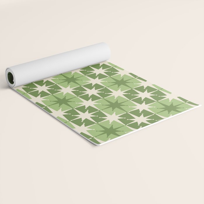 Mid Century Modern Atomic Stars Retro Checkered Starburst Pattern in Sage Olive Green Yoga Mat Gallery Image 2