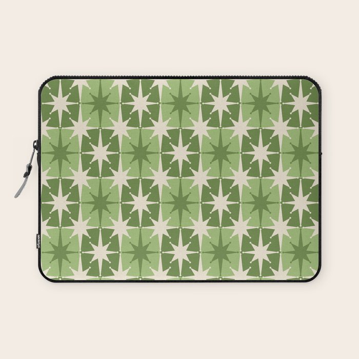 Mid Century Modern Atomic Stars Retro Checkered Starburst Pattern in Sage Olive Green Laptop Sleeve Gallery Image 1