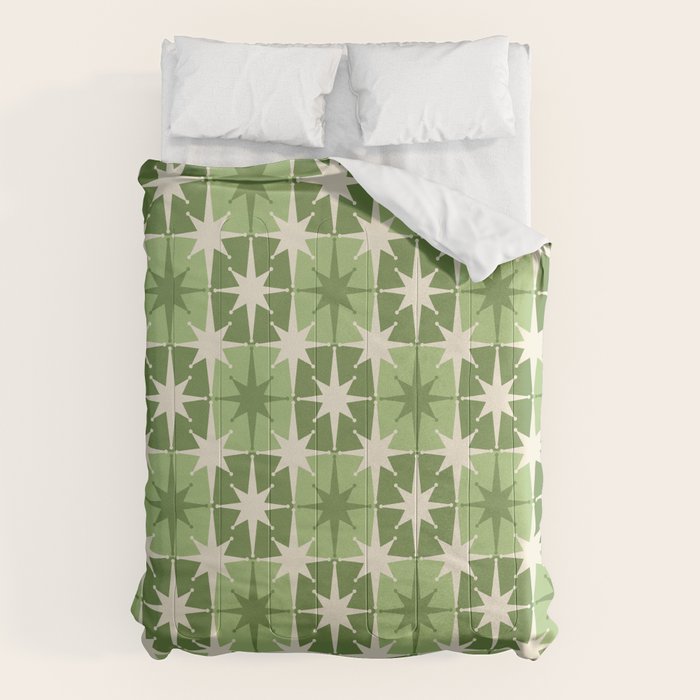 Mid Century Modern Atomic Stars Retro Checkered Starburst Pattern in Sage Olive Green Comforter Gallery Image 6